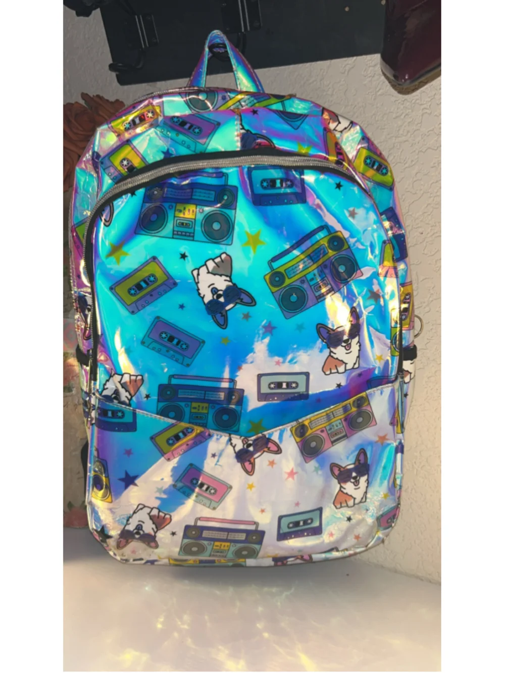 Women's Unbranded Corgi Print Holographic Backpack One Size Blue Multi-color